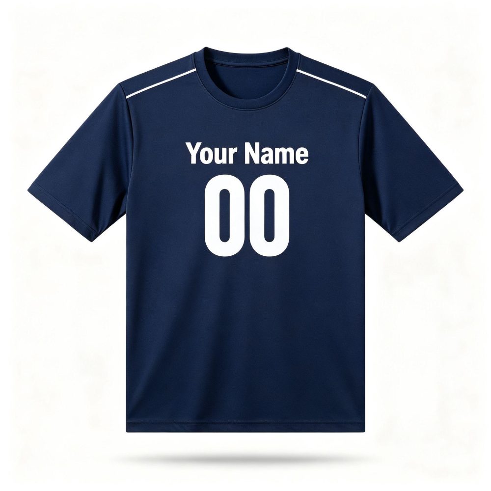 Custom Navy Blue Solid White Shoulder Line Football Shirt