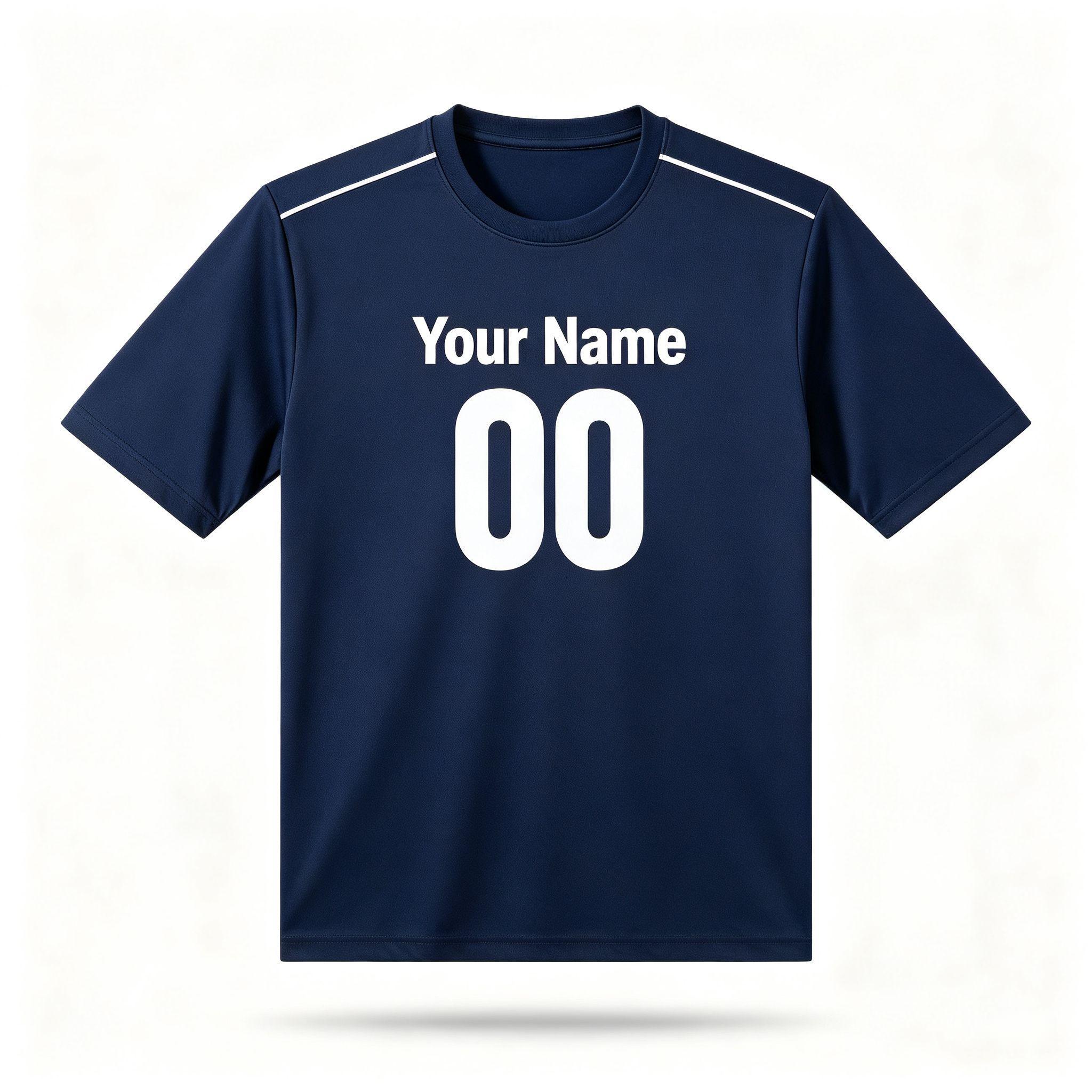 Custom Navy Blue Solid White Shoulder Line Football Shirt