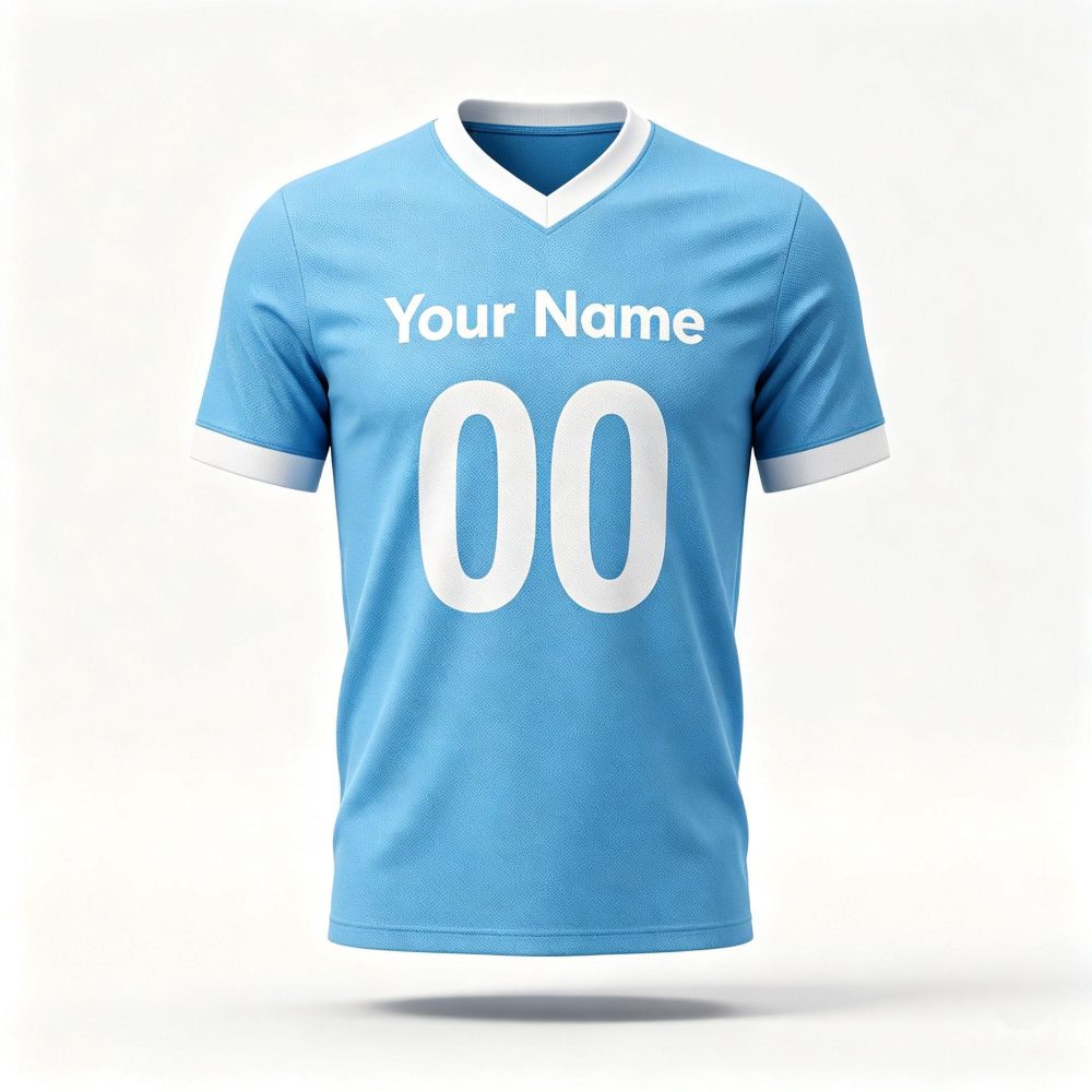 Custom Sky Blue White V-Neck Football Shirt